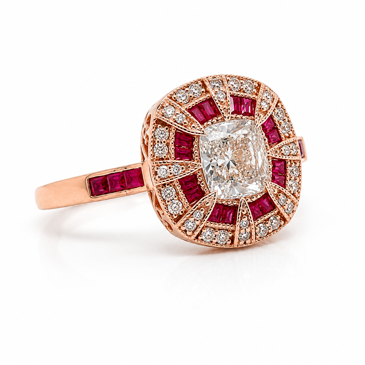 Natural Diamond and Ruby Halo Art Deco Cocktail Ring 18KT Rose Gold