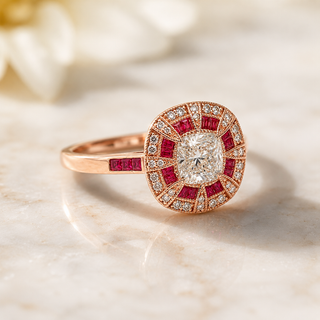 Natural Diamond and Ruby Halo Art Deco Cocktail Ring 18KT Rose Gold