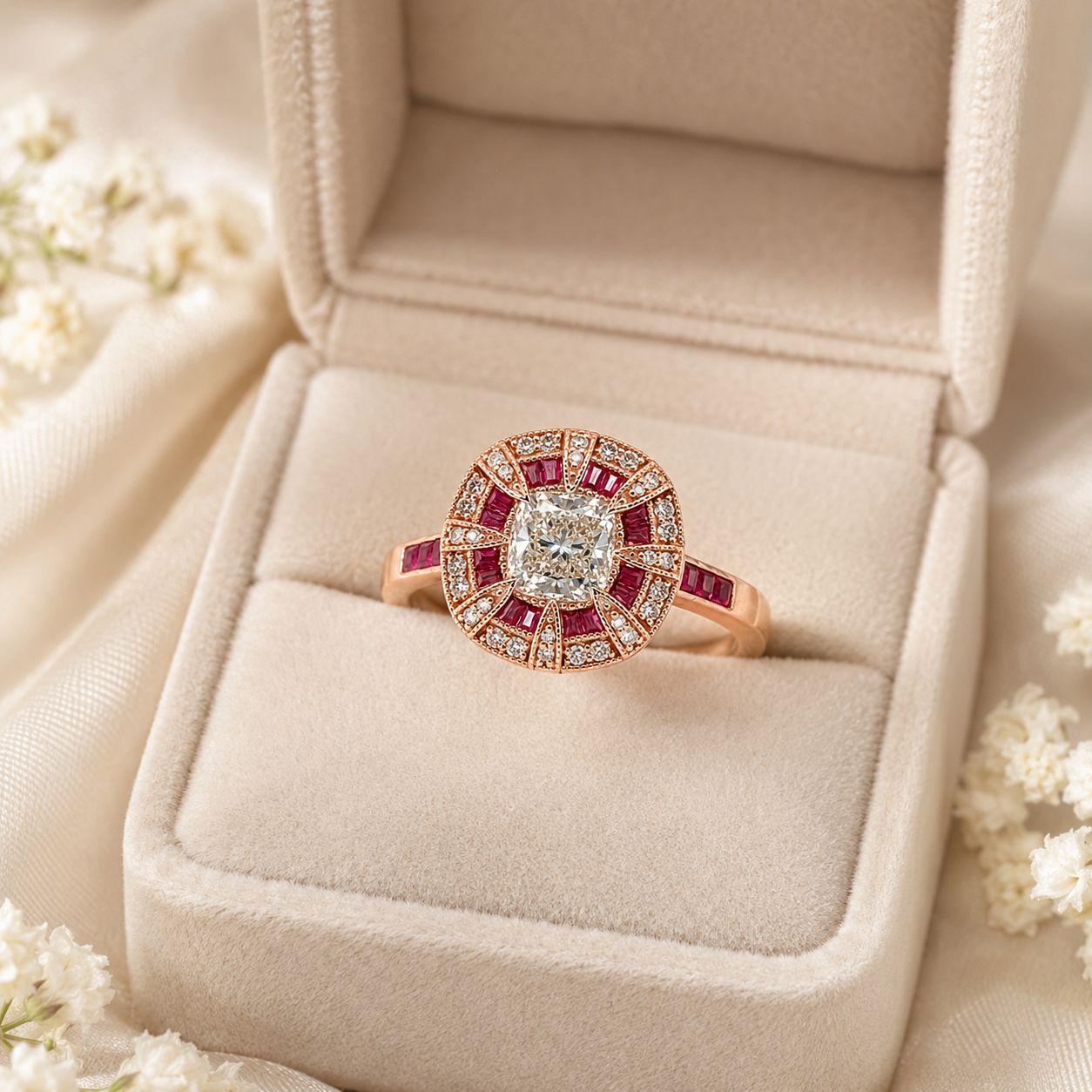 Natural Diamond and Ruby Halo Art Deco Cocktail Ring 18KT Rose Gold