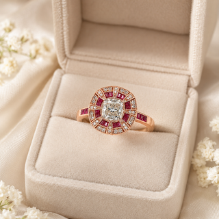 Natural Diamond and Ruby Halo Art Deco Cocktail Ring 18KT Rose Gold