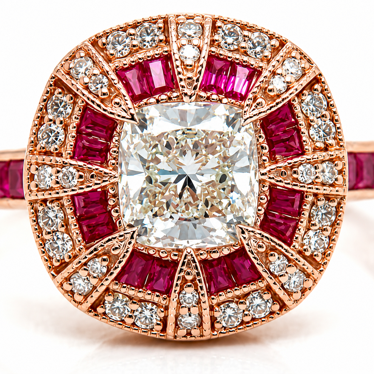 Natural Diamond and Ruby Halo Art Deco Cocktail Ring 18KT Rose Gold