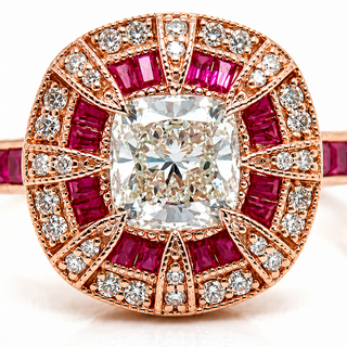 Natural Diamond and Ruby Halo Art Deco Cocktail Ring 18KT Rose Gold