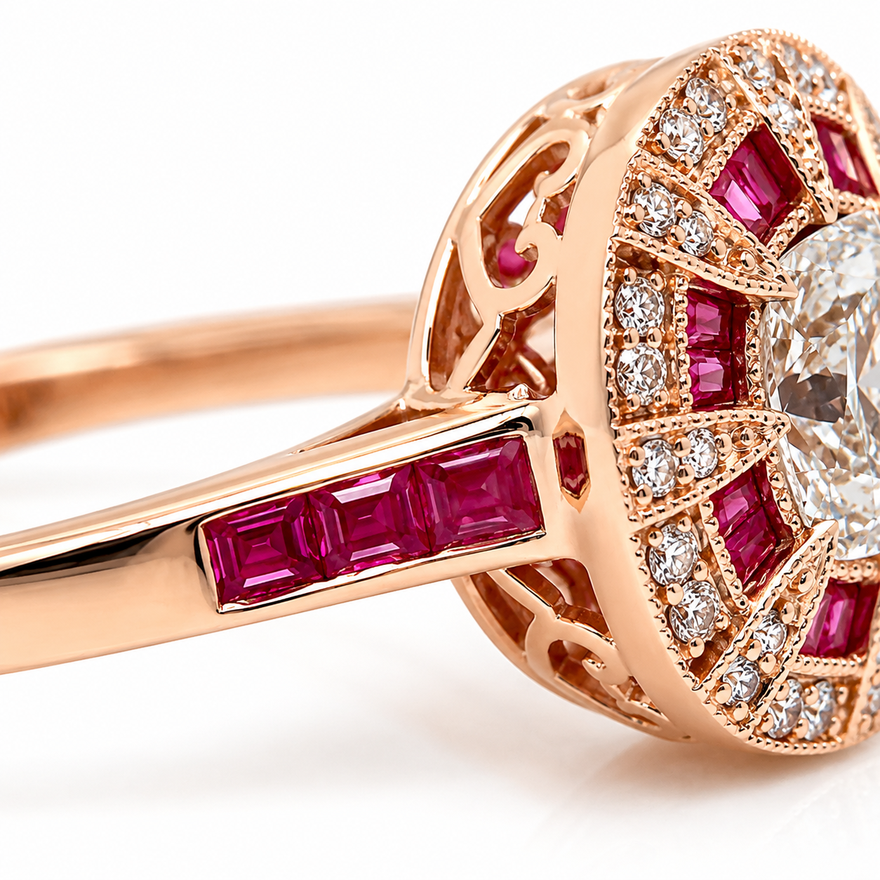 Natural Diamond and Ruby Halo Art Deco Cocktail Ring 18KT Rose Gold