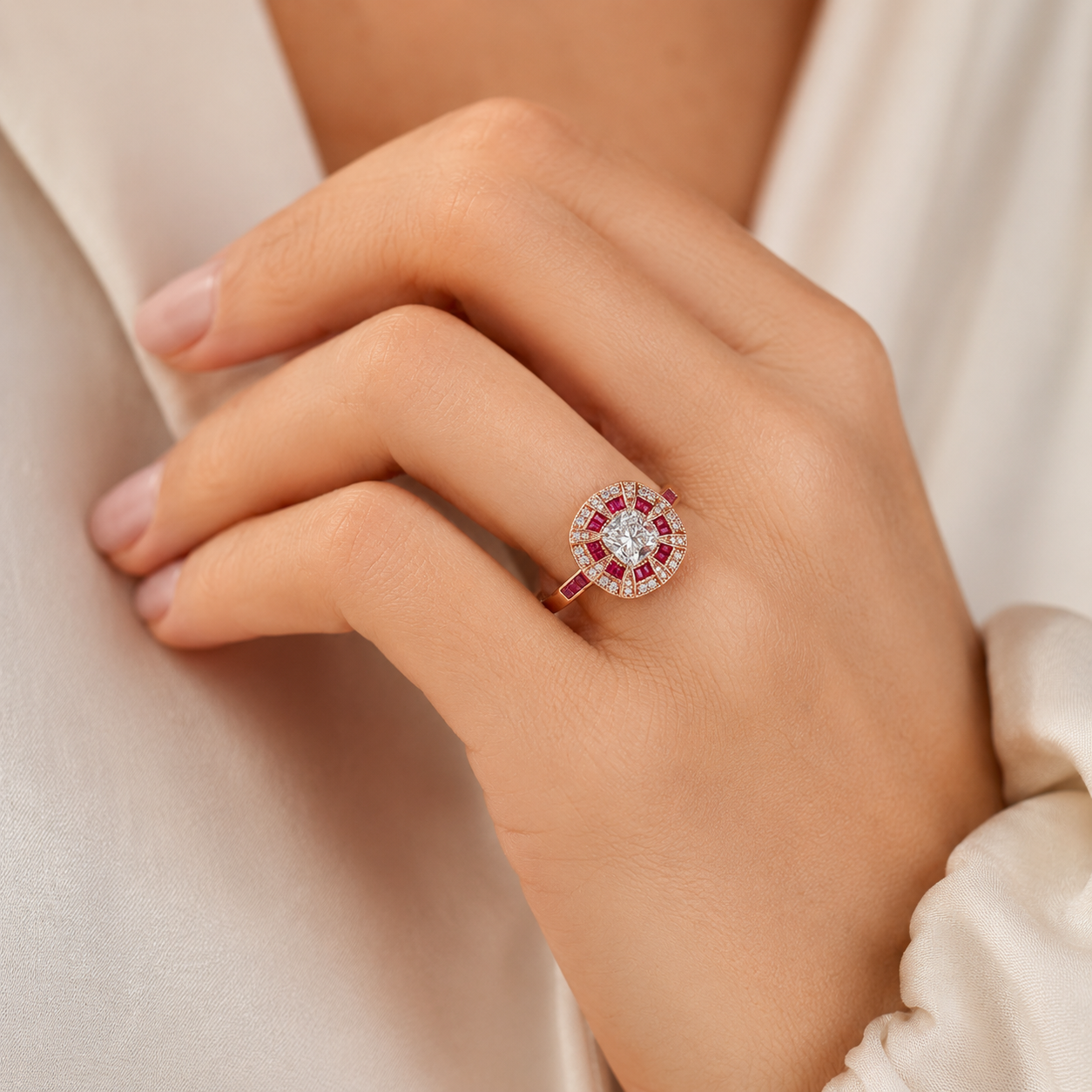 Natural Diamond and Ruby Halo Art Deco Cocktail Ring 18KT Rose Gold