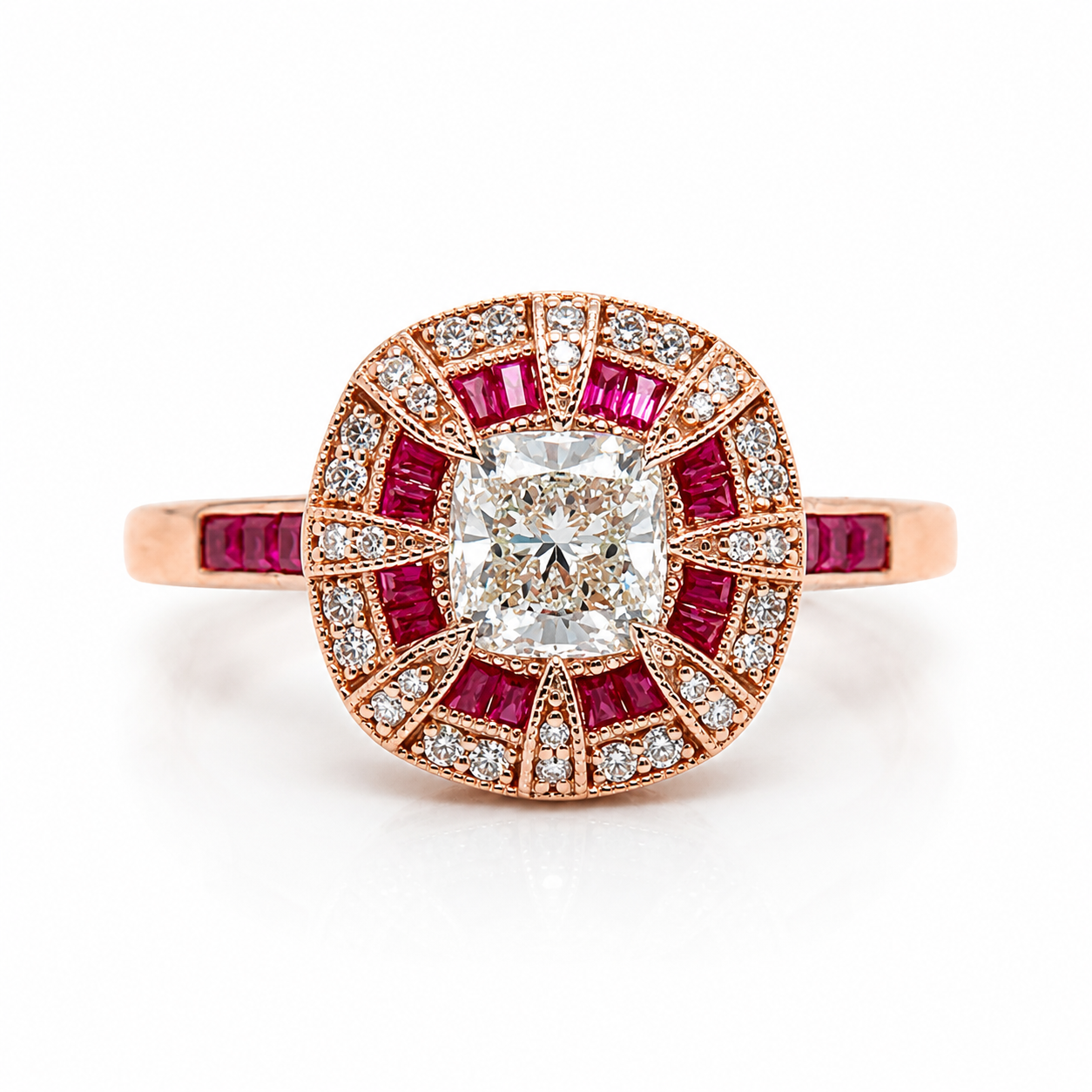 Natural Diamond and Ruby Halo Art Deco Cocktail Ring 18KT Rose Gold