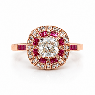 Natural Diamond and Ruby Halo Art Deco Cocktail Ring 18KT Rose Gold