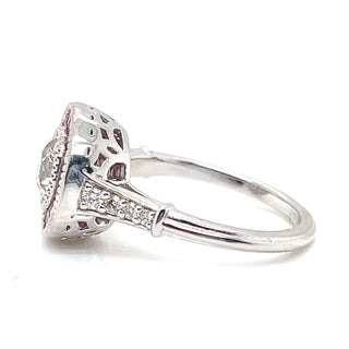 Natural Mined Diamond and Ruby Halo Art Deco Ring White Gold