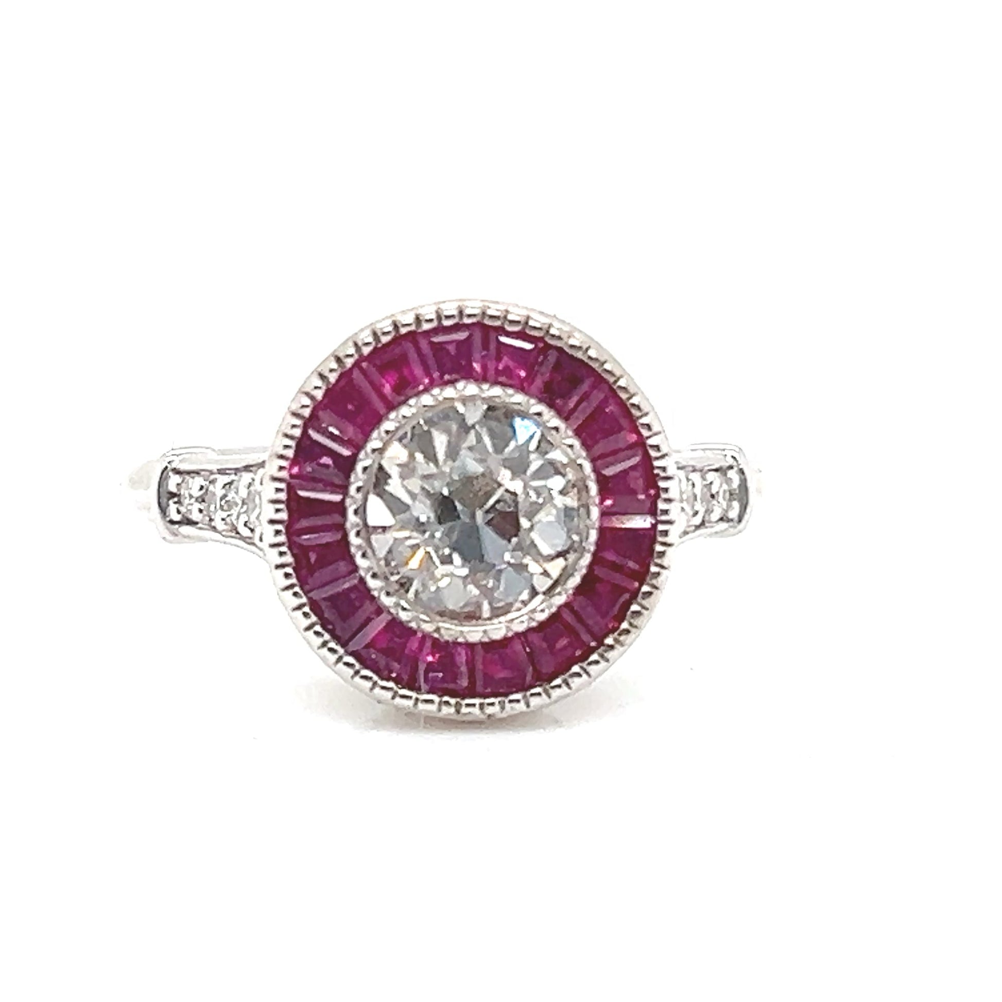 Natural Diamond and Ruby Halo Art Deco Ring, in White Gold