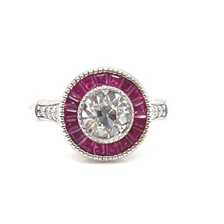 Natural Mined Diamond and Ruby Halo Art Deco Ring White Gold