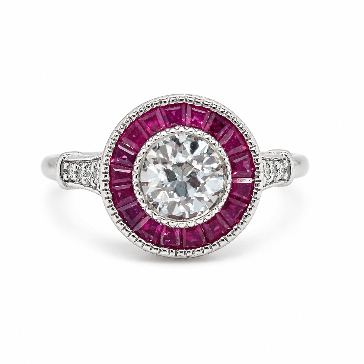 Natural Diamond and Ruby Halo Art Deco Ring 18KT White Gold