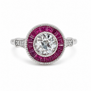 Natural Diamond and Ruby Halo Art Deco Ring 18KT White Gold