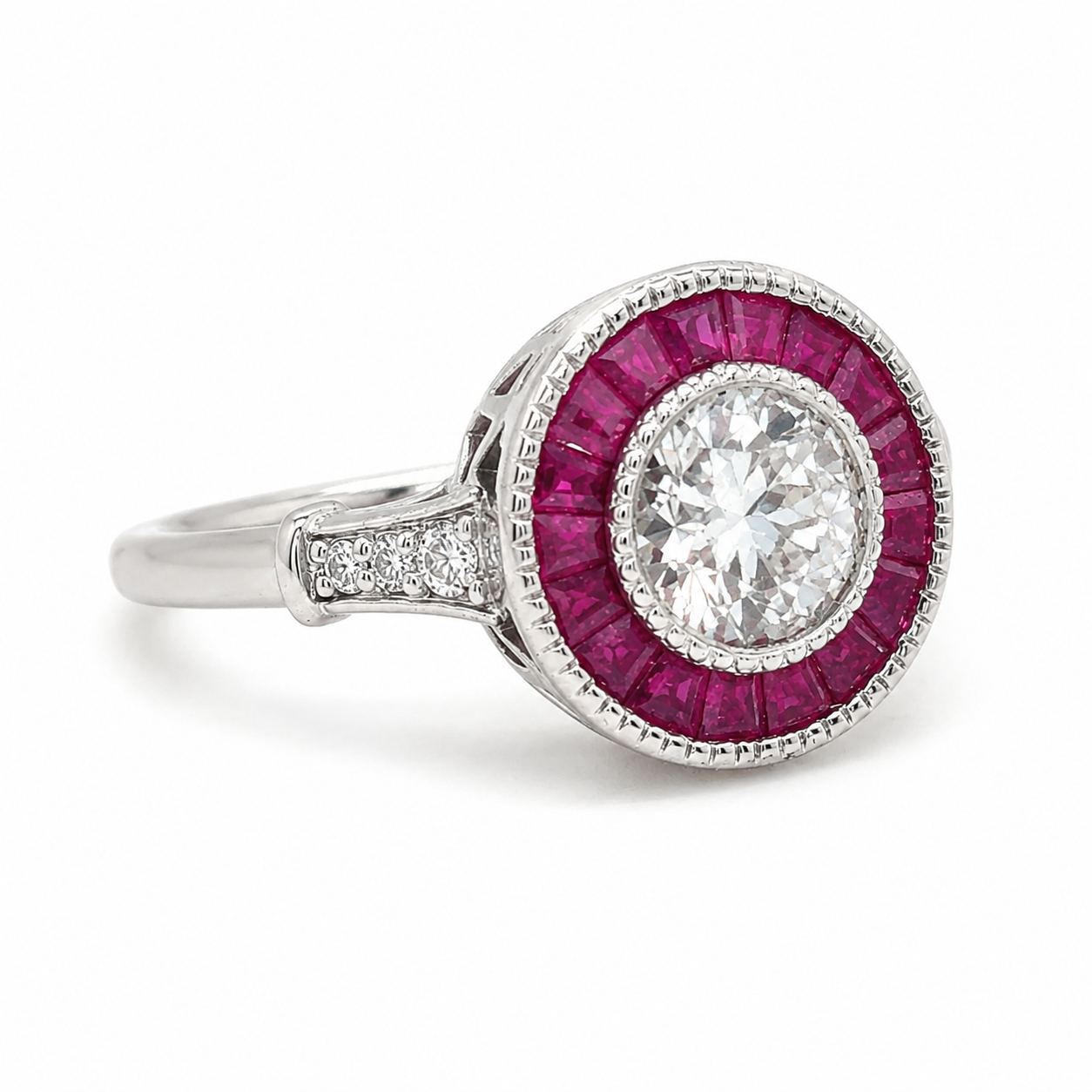 Natural Diamond and Ruby Halo Art Deco Ring 18KT White Gold