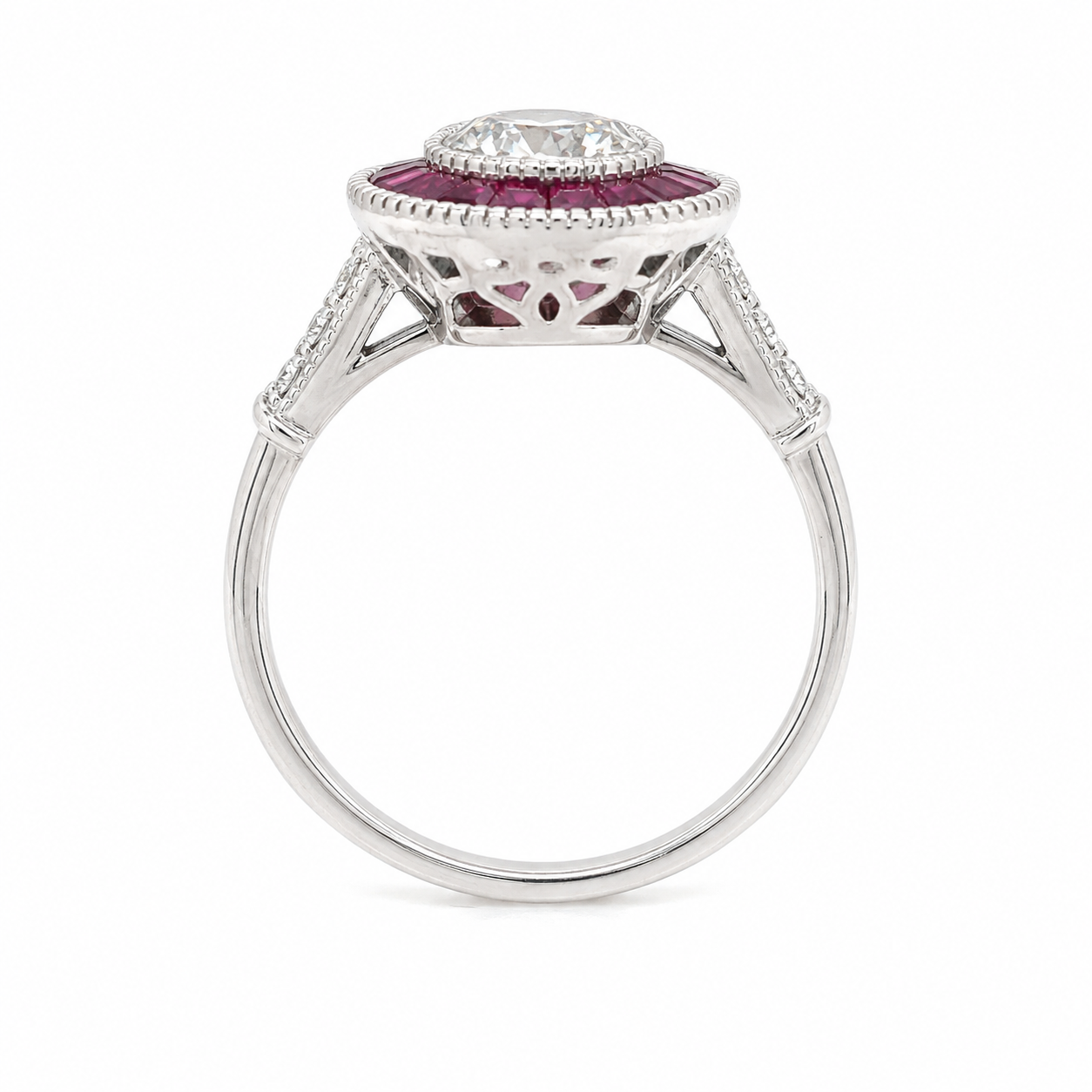 Natural Diamond and Ruby Halo Art Deco Ring 18KT White Gold