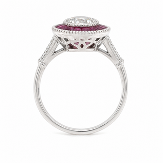 Natural Diamond and Ruby Halo Art Deco Ring 18KT White Gold