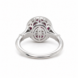 Natural Diamond and Ruby Halo Art Deco Ring 18KT White Gold
