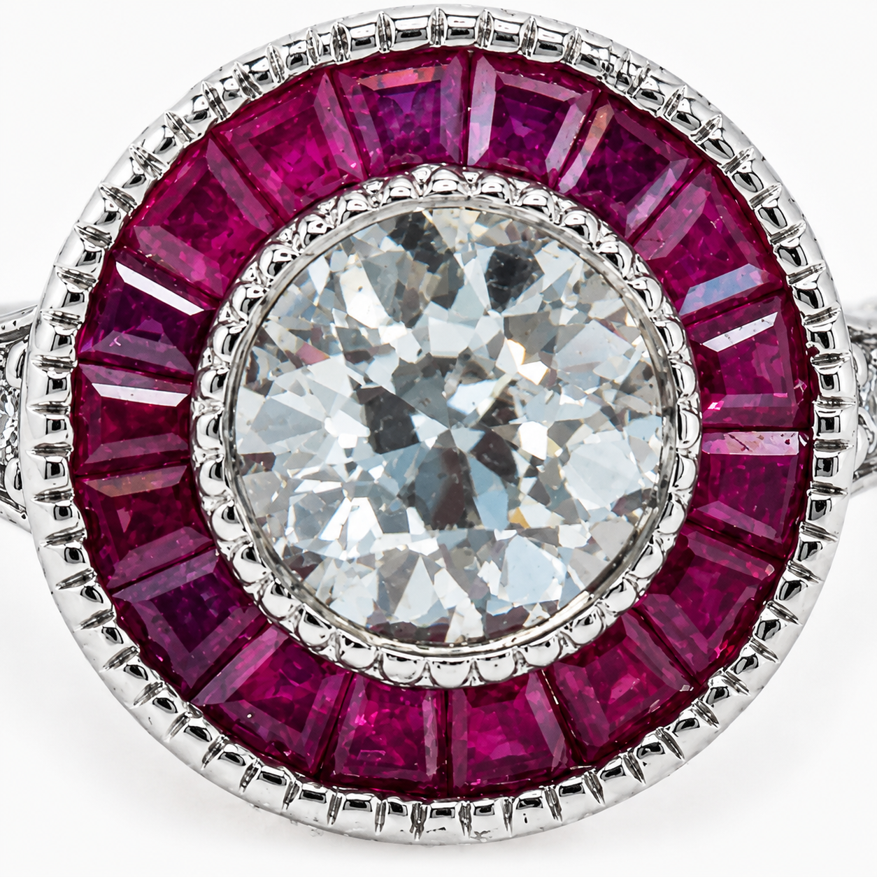 Natural Diamond and Ruby Halo Art Deco Ring 18KT White Gold