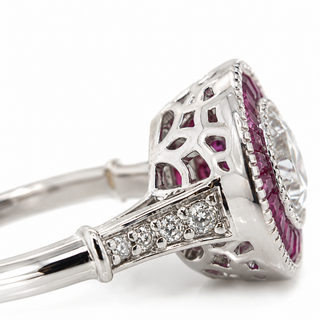 Natural Diamond and Ruby Halo Art Deco Ring 18KT White Gold