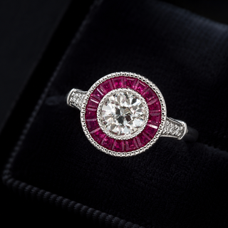 Natural Diamond and Ruby Halo Art Deco Ring 18KT White Gold
