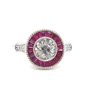 Natural Mined Diamond and Ruby Halo Art Deco Ring White Gold