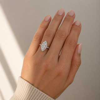 Natural Marquise and Round Cut Diamonds Halo Cocktail Ring 18KT White Gold