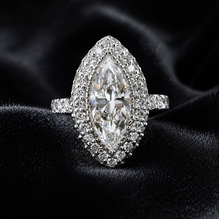 Natural Marquise and Round Cut Diamonds Halo Cocktail Ring 18KT White Gold
