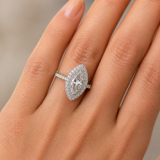 Natural Marquise and Round Cut Diamonds Halo Cocktail Ring 18KT White Gold