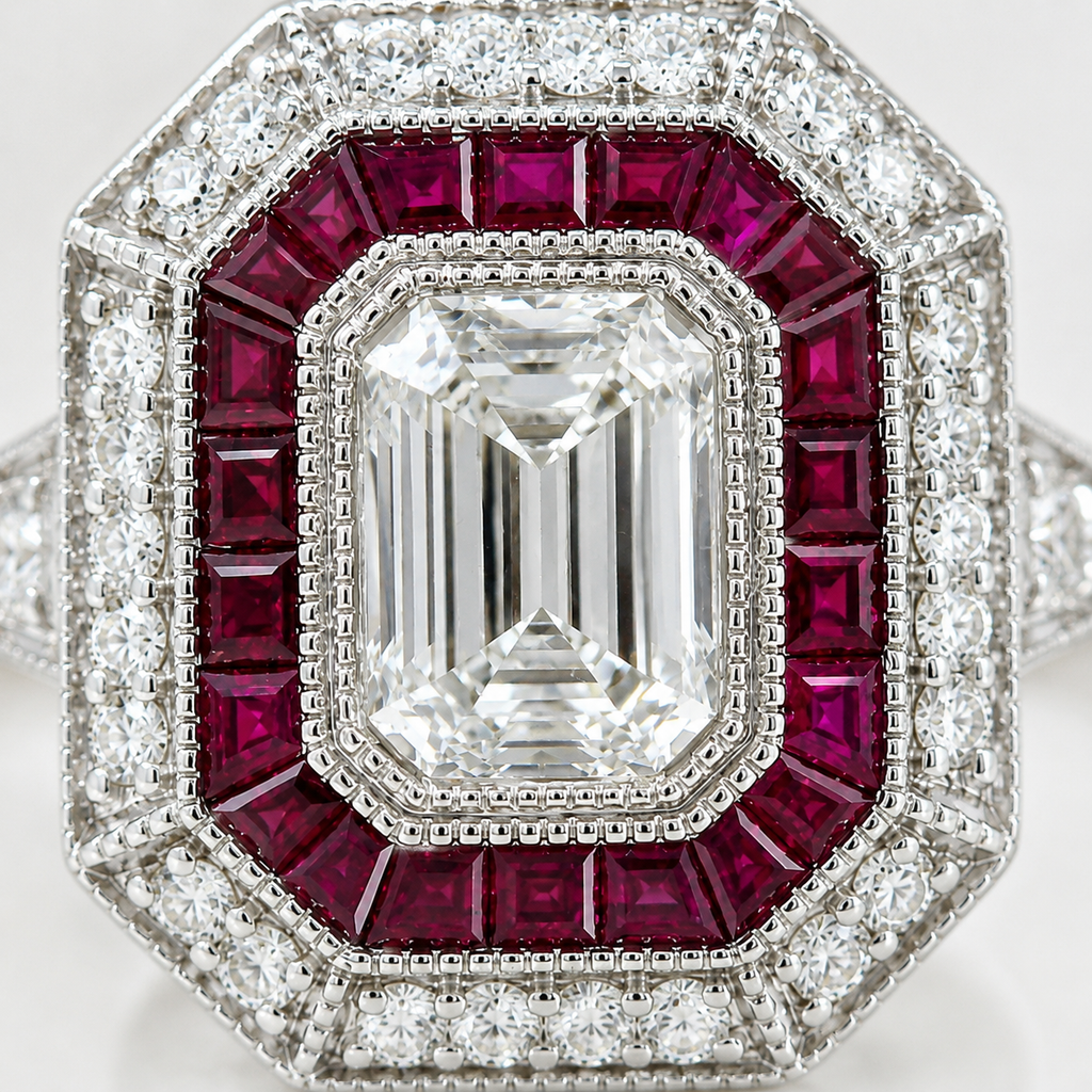 Natural Emerald Cut Diamond and Ruby Cocktail Ring 14KT White Gold