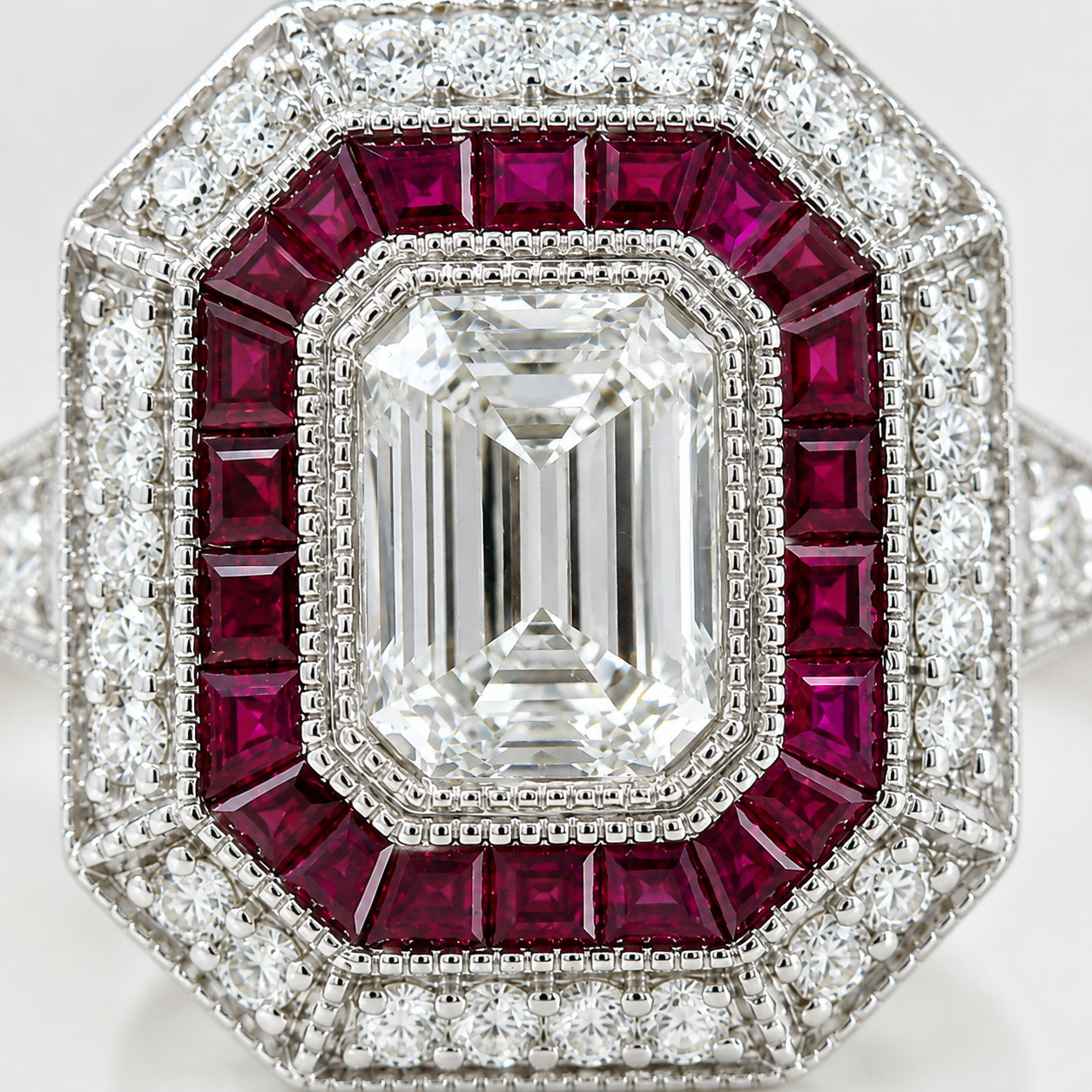 Natural Emerald Cut Diamond and Ruby Cocktail Ring 14KT White Gold