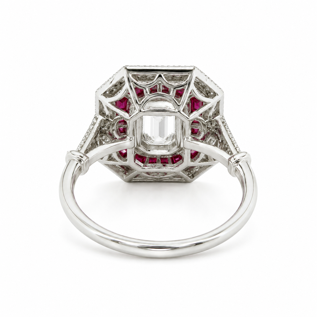 Natural Emerald Cut Diamond and Ruby Cocktail Ring 14KT White Gold