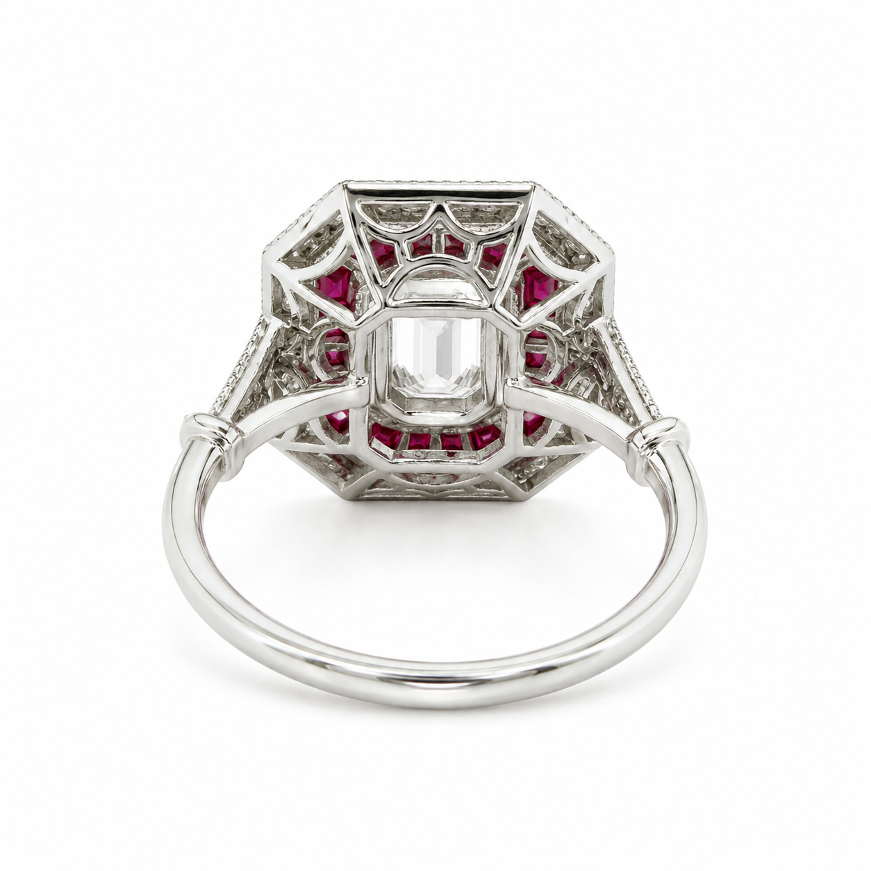 Natural Emerald Cut Diamond and Ruby Cocktail Ring 14KT White Gold