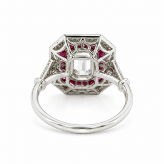 Natural Emerald Cut Diamond and Ruby Cocktail Ring 14KT White Gold