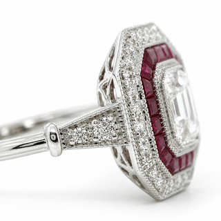 Natural Emerald Cut Diamond and Ruby Cocktail Ring 14KT White Gold