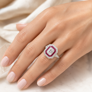 Natural Emerald Cut Diamond and Ruby Cocktail Ring 14KT White Gold