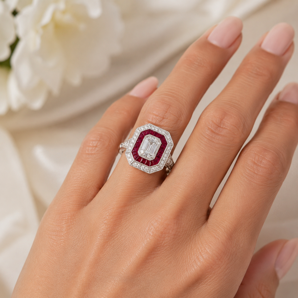 Natural Emerald Cut Diamond and Ruby Cocktail Ring 14KT White Gold