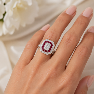 Natural Emerald Cut Diamond and Ruby Cocktail Ring 14KT White Gold