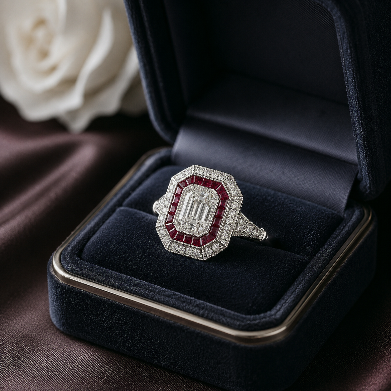 Natural Emerald Cut Diamond and Ruby Cocktail Ring 14KT White Gold