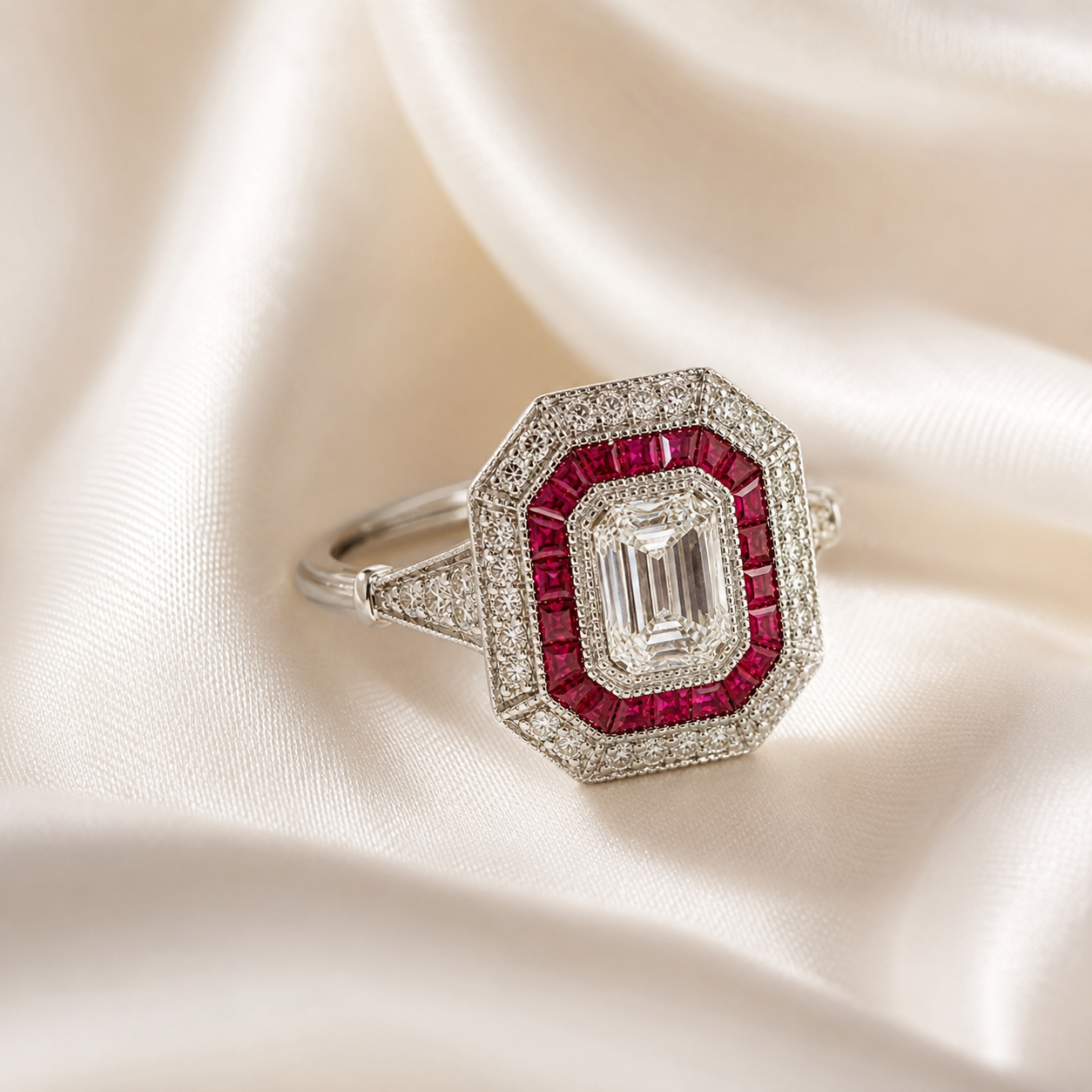 Natural Emerald Cut Diamond and Ruby Cocktail Ring 14KT White Gold