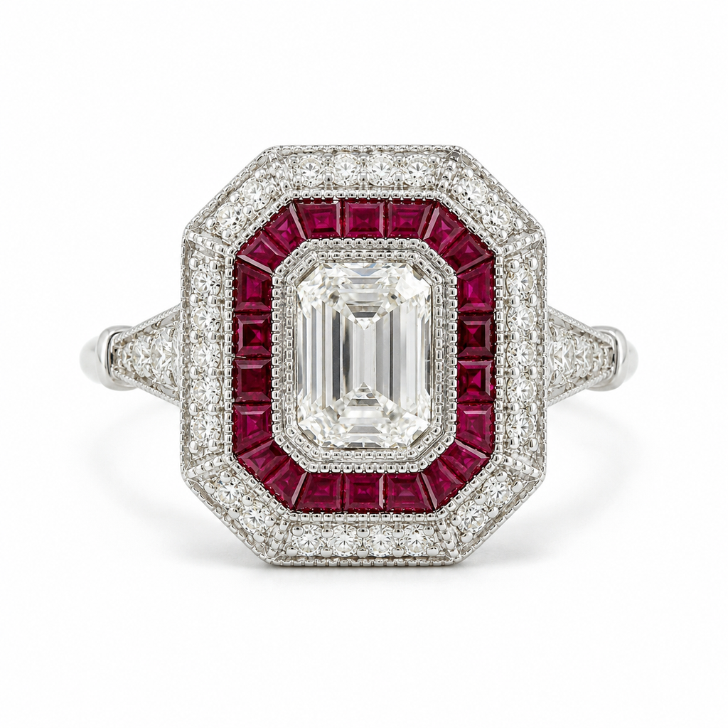Natural Emerald Cut Diamond and Ruby Cocktail Ring 14KT White Gold