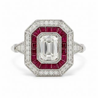 Natural Emerald Cut Diamond and Ruby Cocktail Ring 14KT White Gold