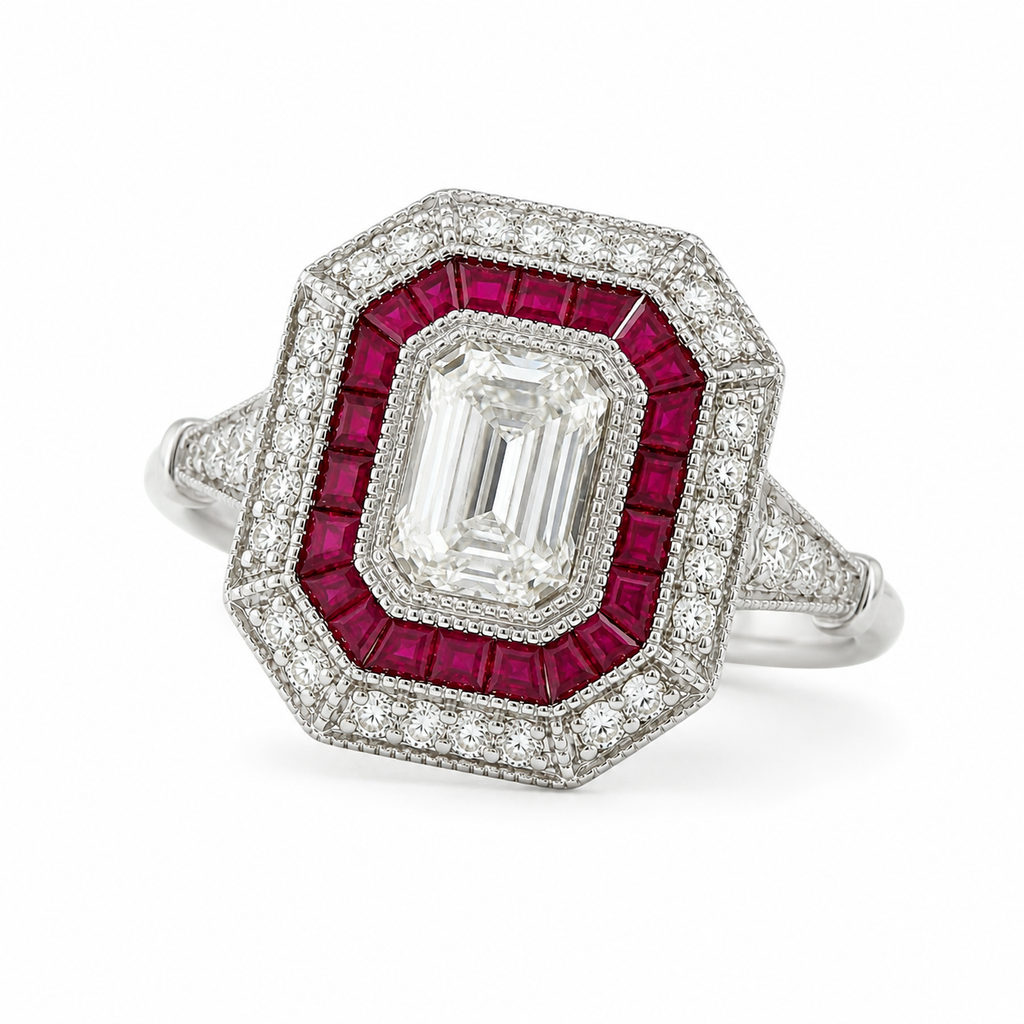 Natural Emerald Cut Diamond and Ruby Cocktail Ring 14KT White Gold