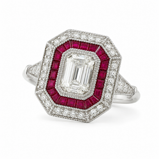 Natural Emerald Cut Diamond and Ruby Cocktail Ring 14KT White Gold