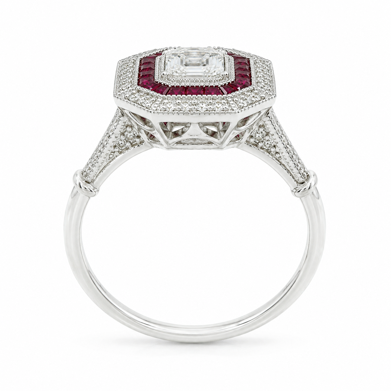 Natural Emerald Cut Diamond and Ruby Cocktail Ring 14KT White Gold