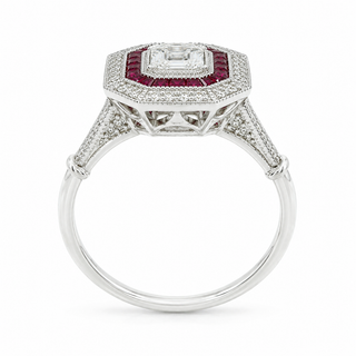 Natural Emerald Cut Diamond and Ruby Cocktail Ring 14KT White Gold