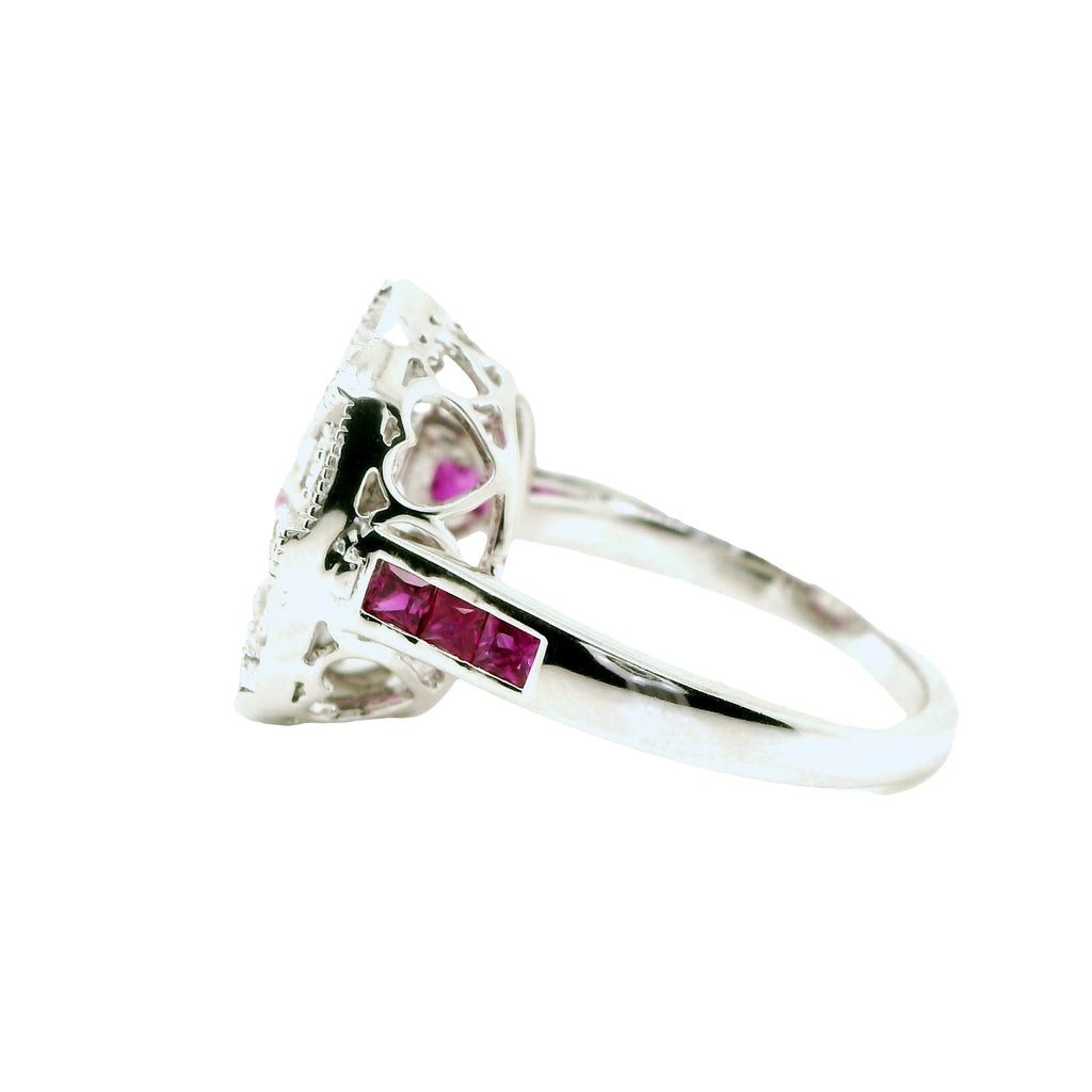 Natural Cushion Cut Diamond and Rubies Bridal Cocktail Ring, in White Gold