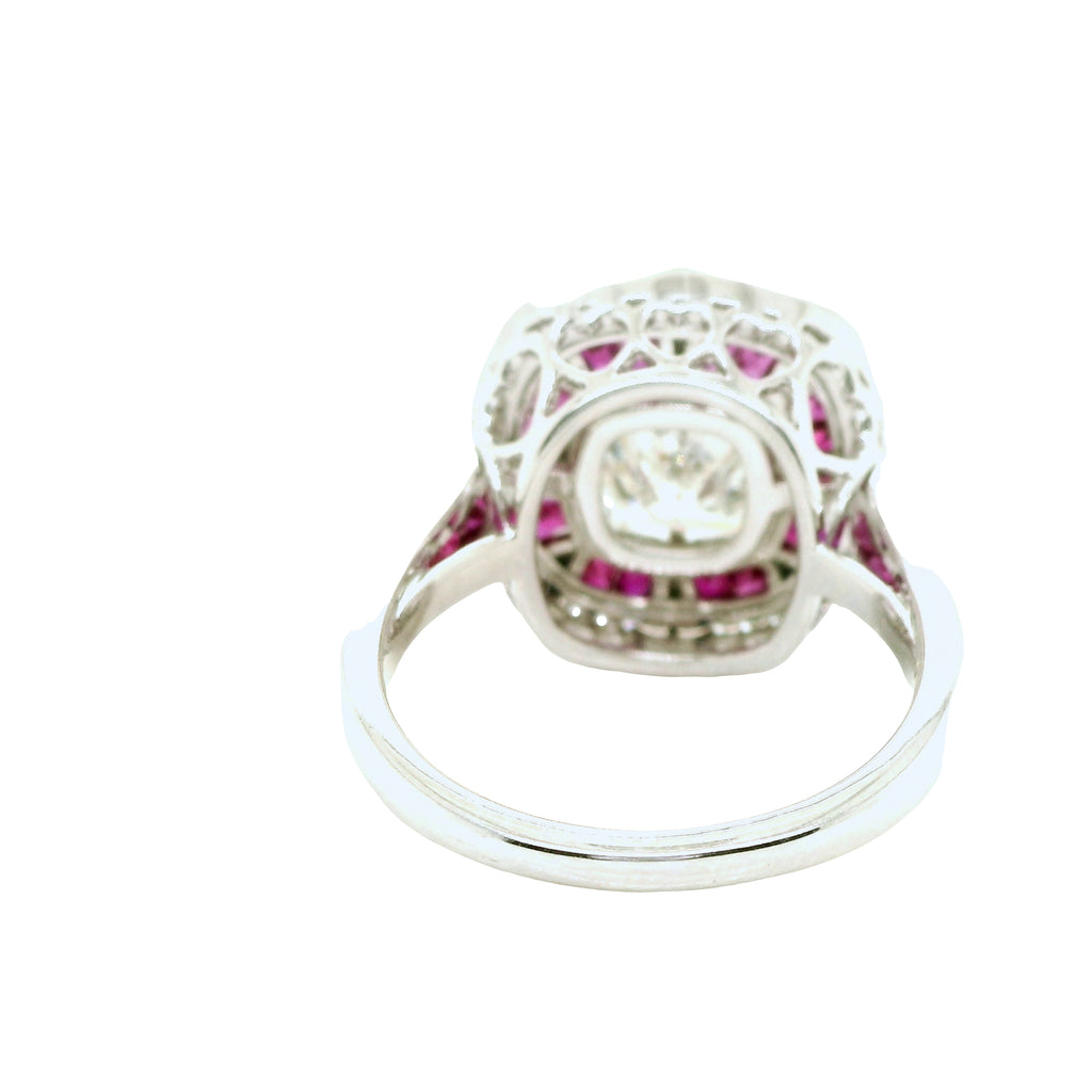 Natural Cushion Cut Diamond and Rubies Bridal Cocktail Ring, in White Gold