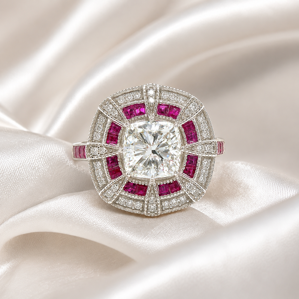Natural Cushion Cut Diamond and Rubies Bridal Cocktail Ring 14KT White Gold