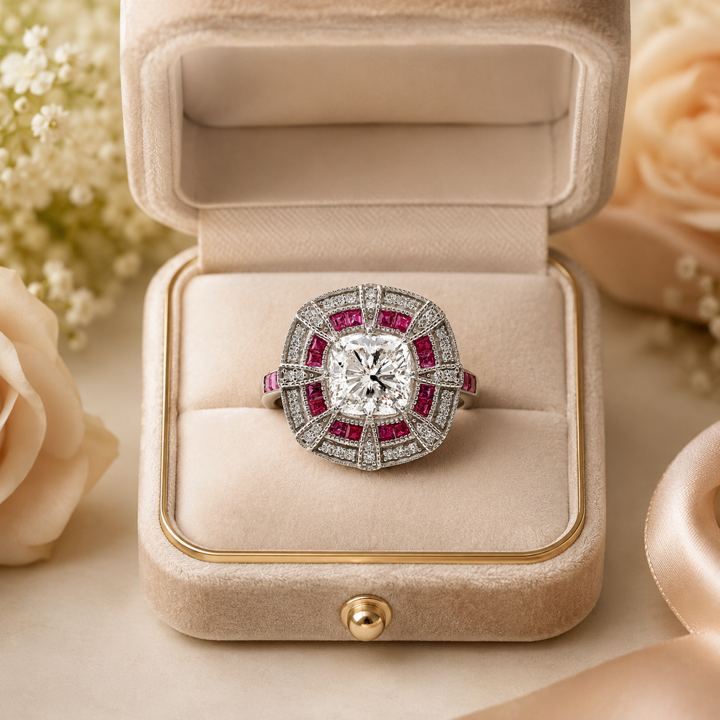 Natural Cushion Cut Diamond and Rubies Bridal Cocktail Ring 14KT White Gold