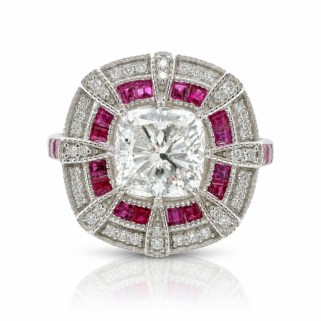 Natural Cushion Cut Diamond and Rubies Bridal Cocktail Ring 14KT White Gold