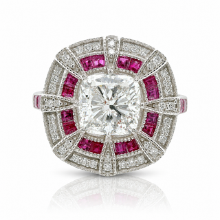 Natural Cushion Cut Diamond and Rubies Bridal Cocktail Ring 14KT White Gold
