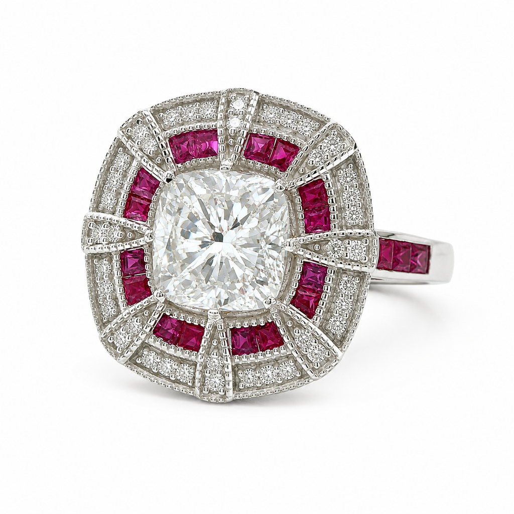 Natural Cushion Cut Diamond and Rubies Bridal Cocktail Ring 14KT White Gold
